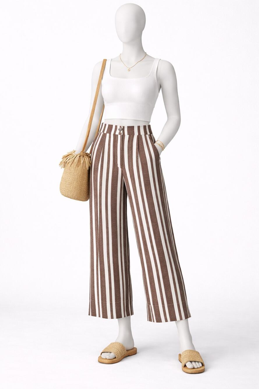 H&M Striped Wide Leg Pants Brown 25x24 White High Rise Cropped Size 4 Women flow